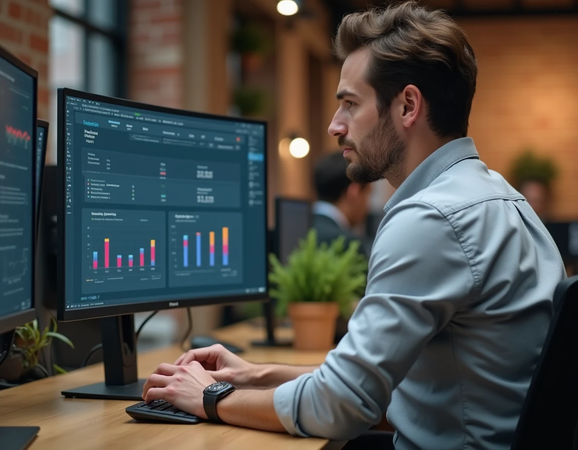 Analyste financier consultant un tableau de scoring de risque client sur moniteur dans un espace de coworking moderne avec Ellipro