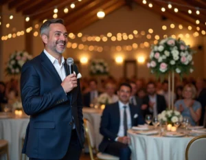 Animateur de mariage tenant un microphone devant des invités dans une salle de réception décorée