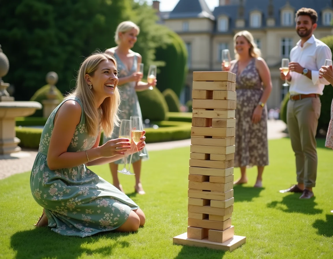 Coordinatrice d'animation de mariage supervisant un jeu de Jenga géant dans le jardin d'un château