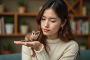 Belette pygmée posée sur la main d'une femme dans un salon chaleureux, animal de compagnie insolite