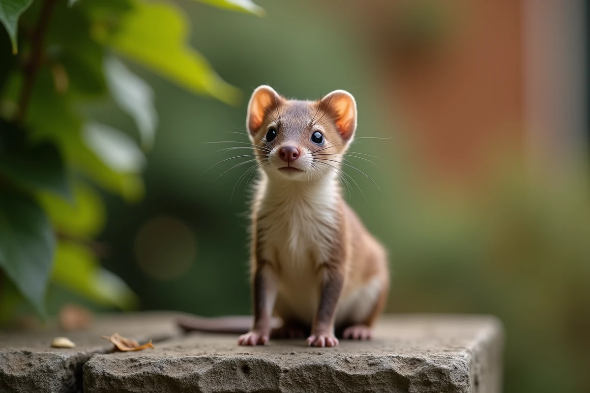 Belette pygmée dressée sur un muret de pierre dans un jardin, portrait animalier réaliste en plein air