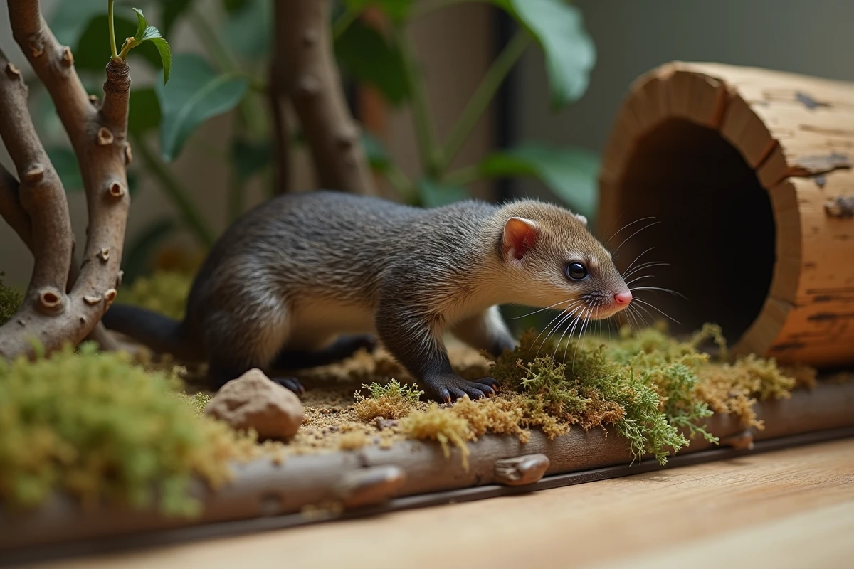 Belette pygmée dans un terrarium en bois avec mousse et branches, habitat naturel pour animal de compagnie