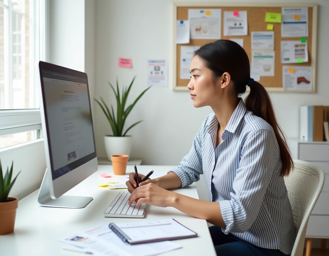 Jeune femme organisée chassant les bons plans en ligne depuis un bureau minimaliste à domicile