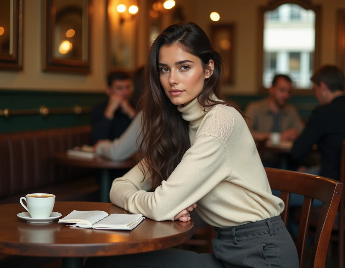 Jeune femme française en pause créative dans un café parisien vintage, évoquant l'intimité et la réflexion d'une artiste en ascension