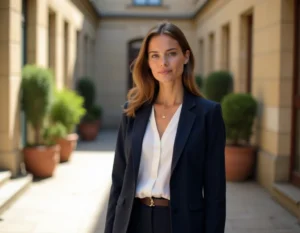 Portrait éditorial d'une jeune femme française ambitieuse dans une cour parisienne, illustrant le parcours d'une étoile montante
