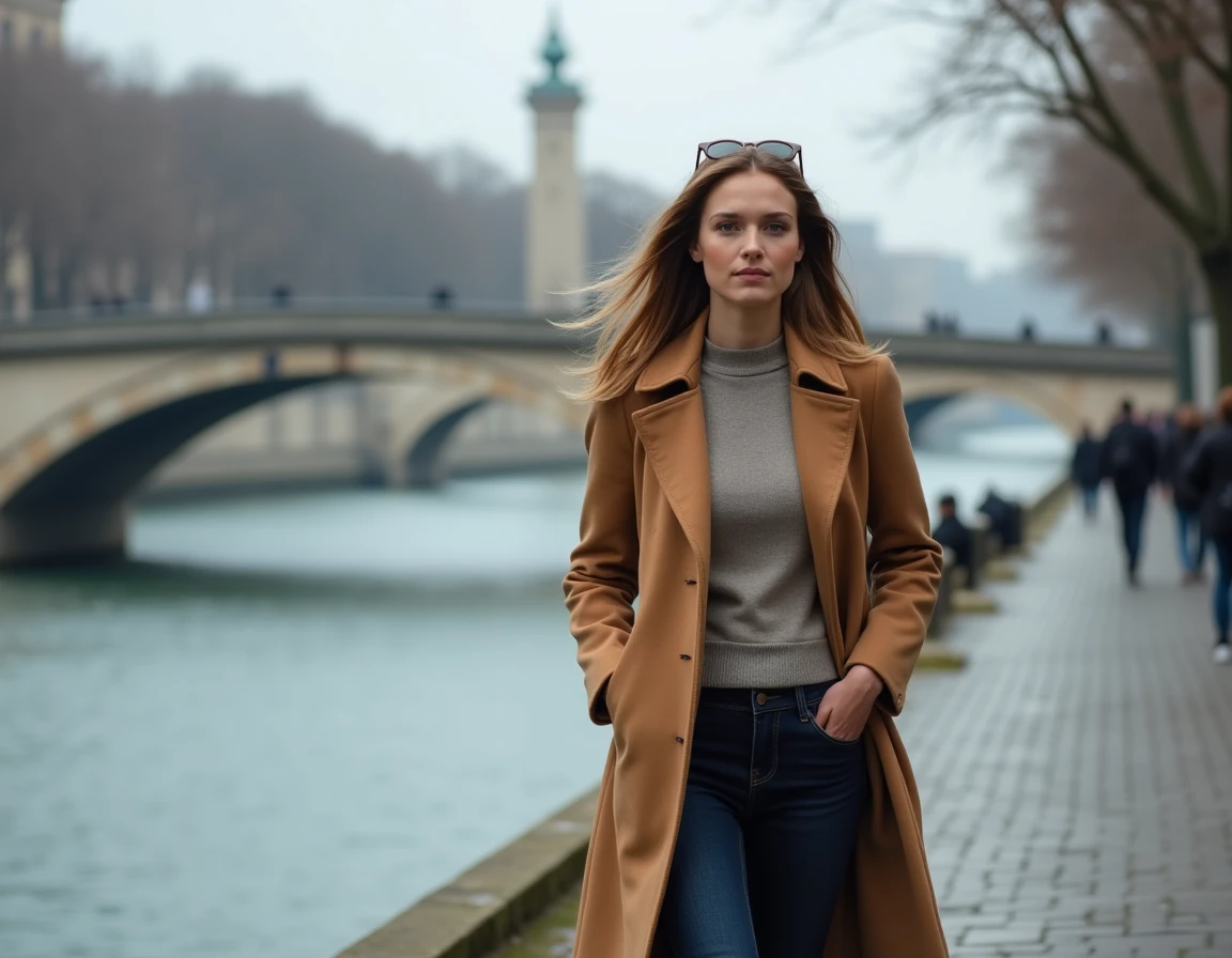 Femme française marchant avec assurance le long des quais de la Seine en hiver, symbolisant l'ambition et la trajectoire d'une personnalité montante