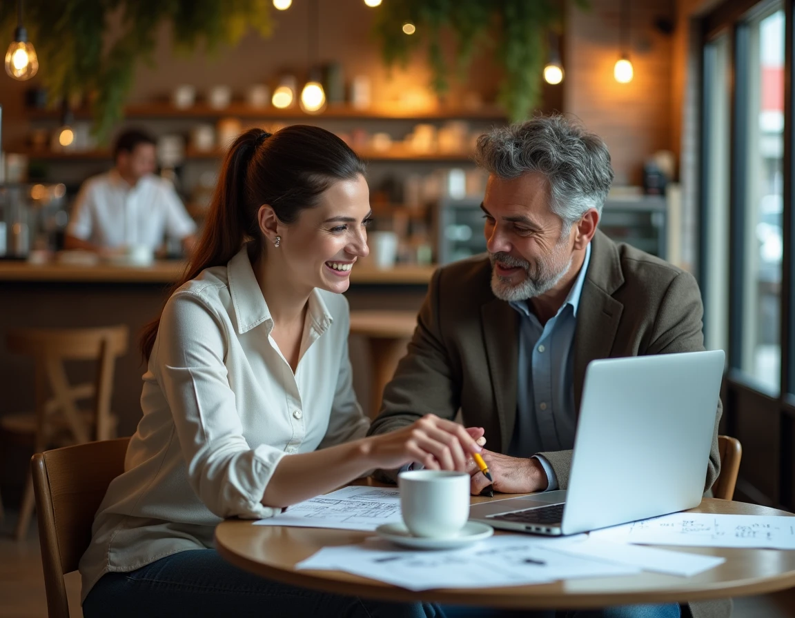 Deux professionnels collaborant sur des astuces de business en ligne autour d'un ordinateur portable dans un café moderne