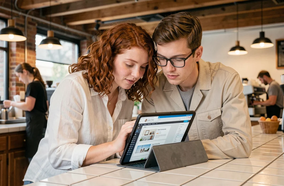 Deux jeunes professionnels collaborant sur une interface web design avec une tablette dans un café moderne et chaleureux