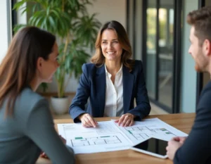 Conseillère immobilière experte accompagnant un couple dans leur projet d'achat immobilier autour d'un bureau avec plans et tablette
