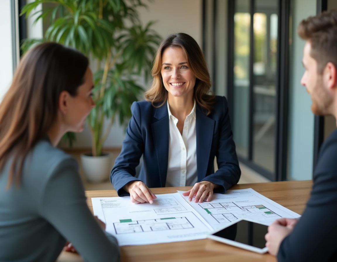 Conseillère immobilière experte accompagnant un couple dans leur projet d'achat immobilier autour d'un bureau avec plans et tablette