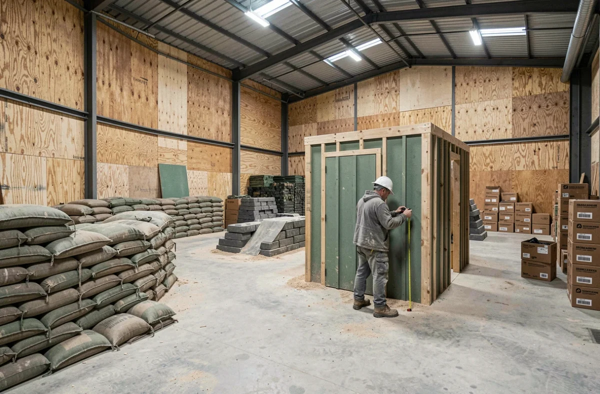 Aménagement intérieur d'un terrain d'airsoft en construction dans un entrepôt avec obstacles modulaires et bunkers en contreplaqué