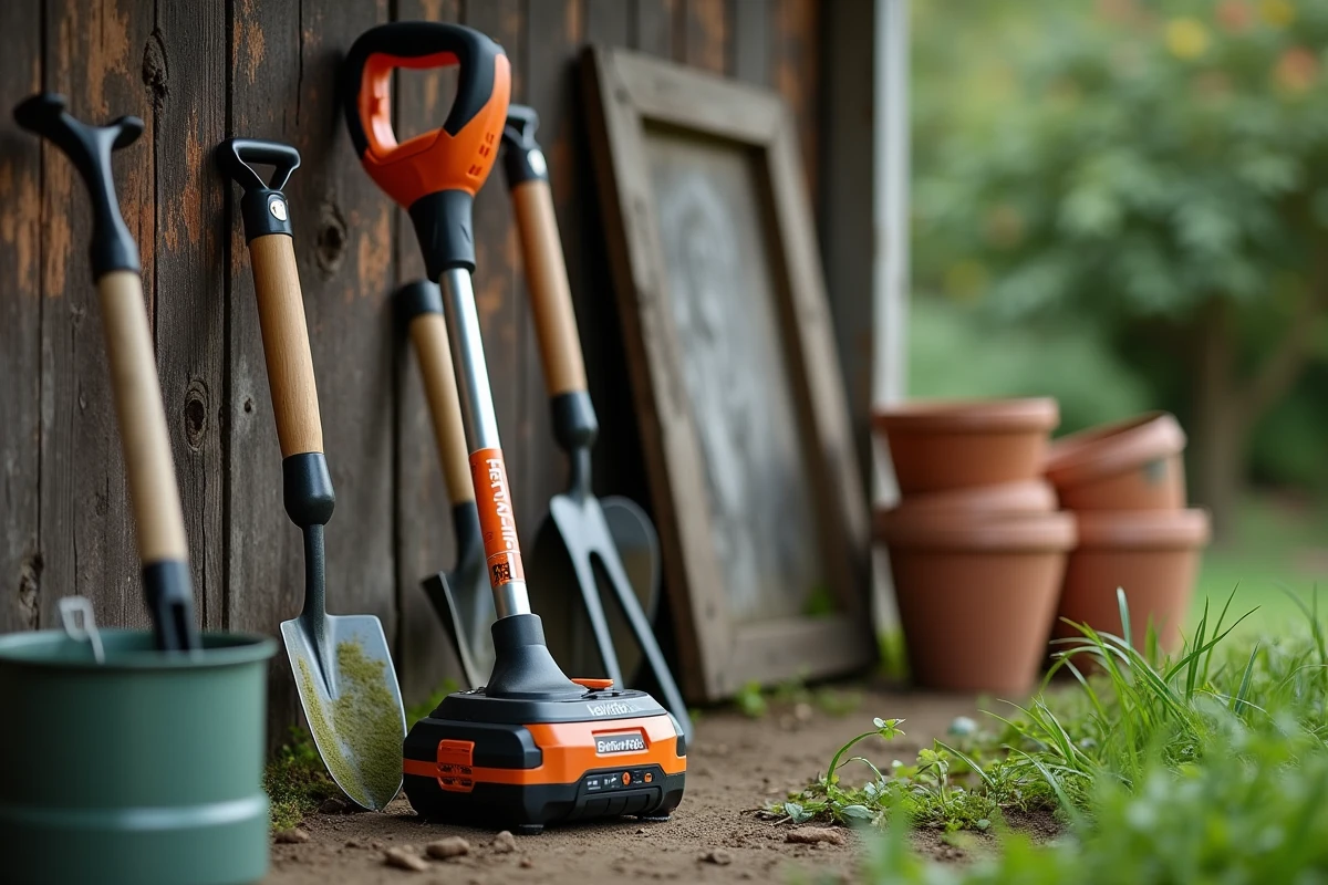 Coupe-bordure à batterie Black & Decker GLC3630L20 posé contre un abri de jardin en bois avec des outils de jardinage