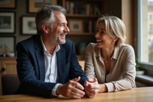 Couple souriant dans un appartement parisien chaleureux