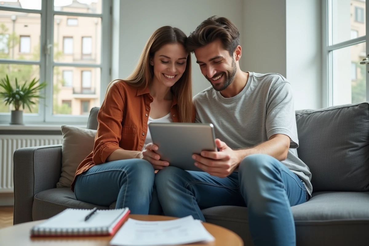 Couple en tenue décontractée planifiant leurs finances personnelles avec une tablette et un carnet dans un salon moderne