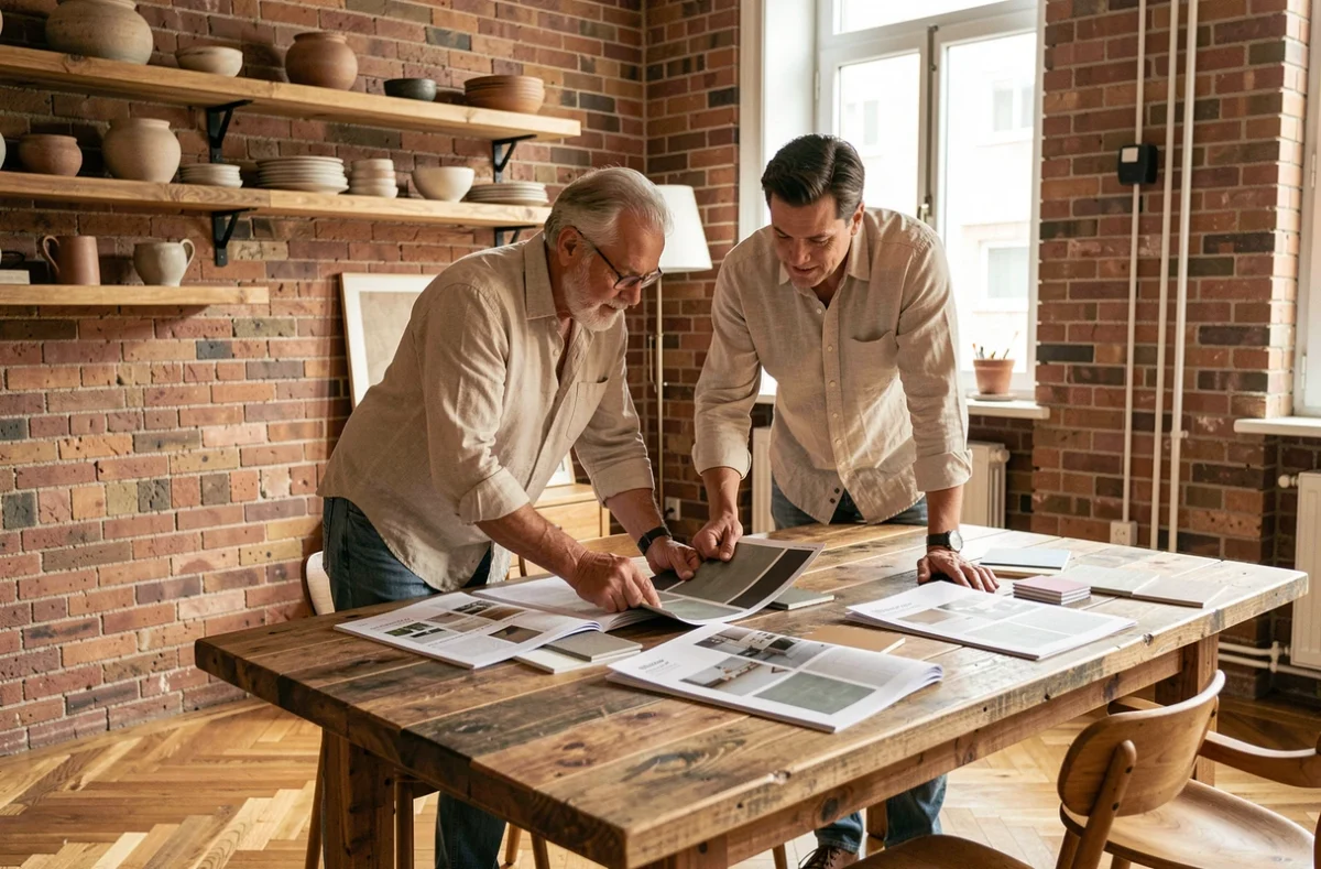Couple examinant des échantillons de matériaux et des catalogues de design d'intérieur pour rénover leur appartement