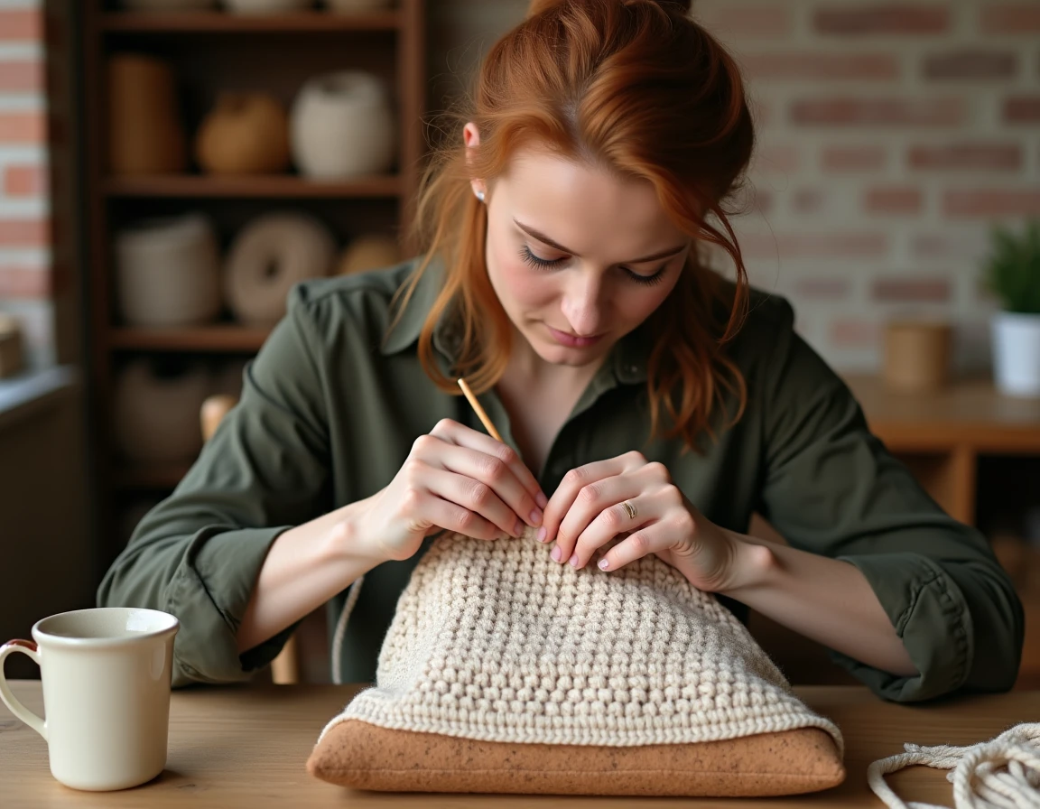 Femme cousant une semelle en liège rigide à l'intérieur d'un sac au crochet en coton naturel dans un atelier artisanal