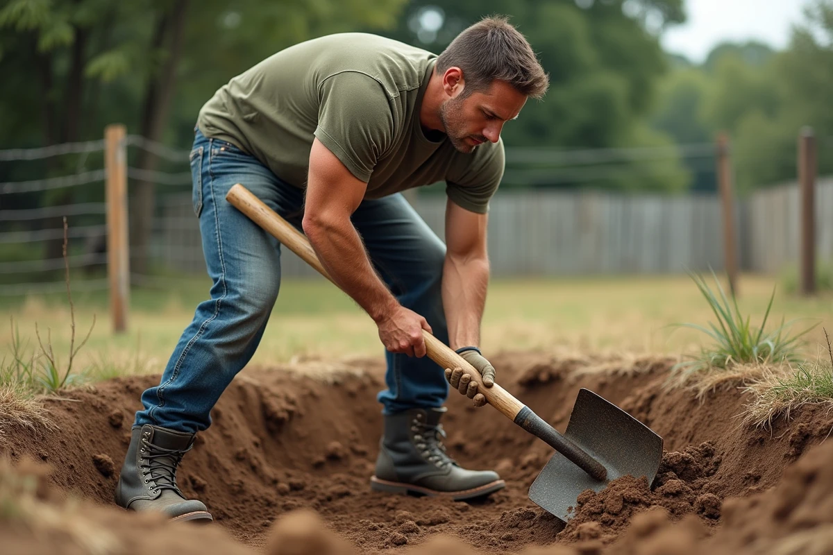 Homme creusant un trou dans la terre compacte avec une pelle à bêcher, technique efficace pour creuser rapidement