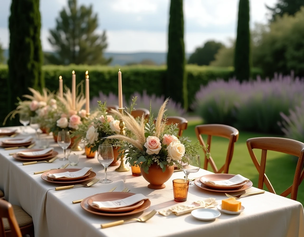 Table de réception de mariage décorée avec élégance dans un jardin provençal avec fleurs séchées et vaisselle en céramique