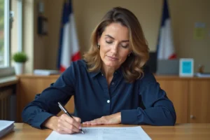 Femme remplissant une demande de carte d'identité dans une mairie française