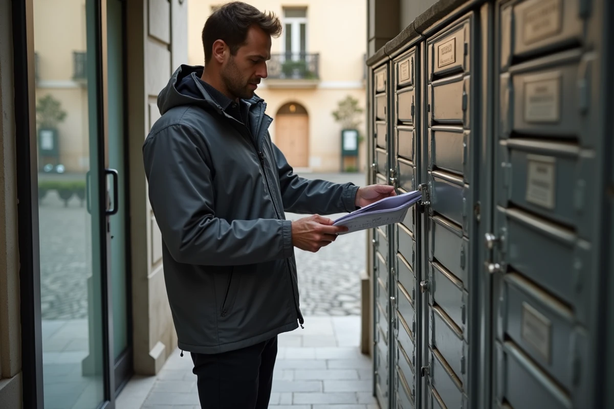 Homme déposant un prospectus publicitaire dans une boîte aux lettres d'immeuble résidentiel en banlieue parisienne
