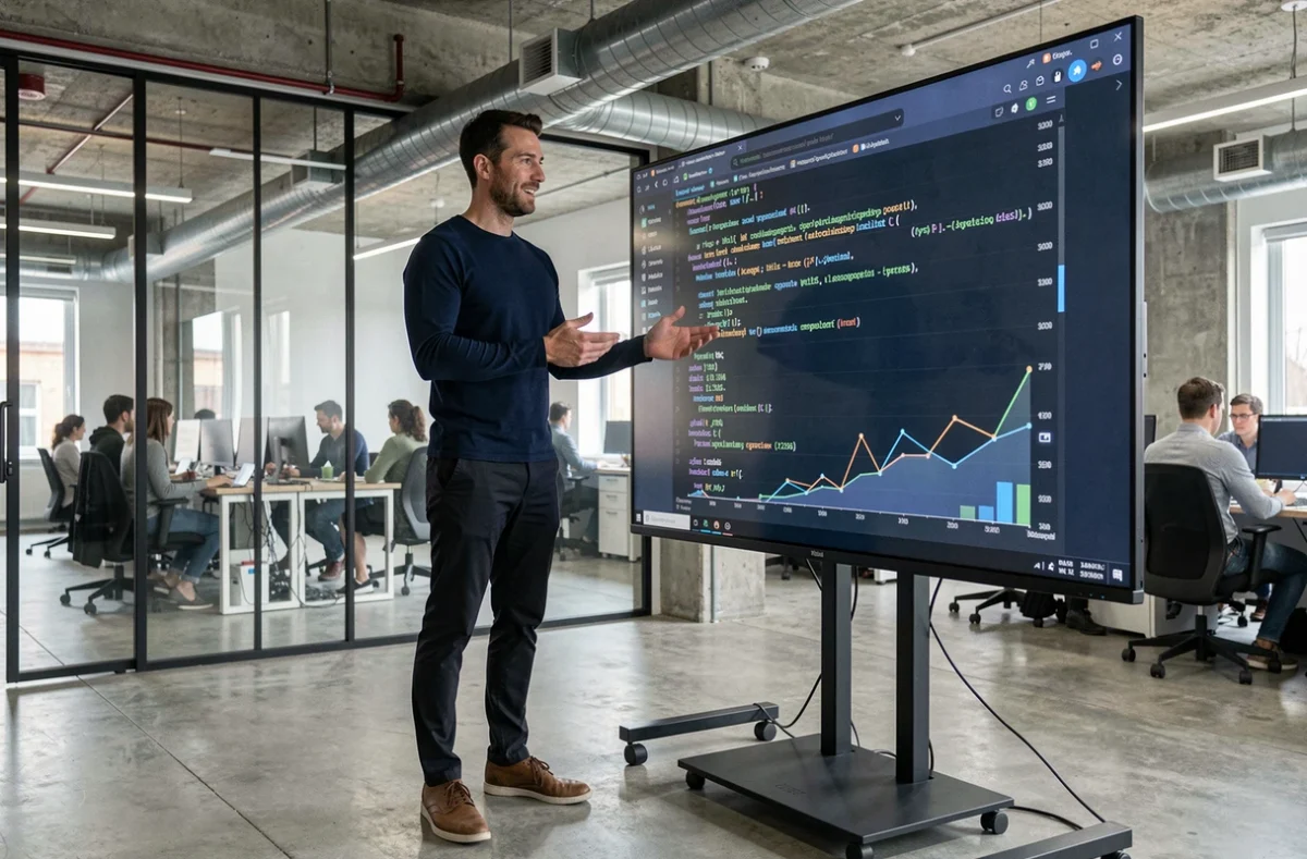 Développeur web masculin présentant des données analytiques sur un grand écran dans un espace de coworking moderne