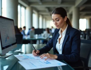 Jeune diplômée du master El Karoui analysant des modèles financiers dans un bureau parisien moderne