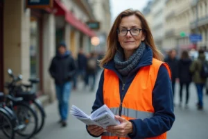 Distributrice de prospectus en gilet orange sur un trottoir parisien tenant une pile de flyers