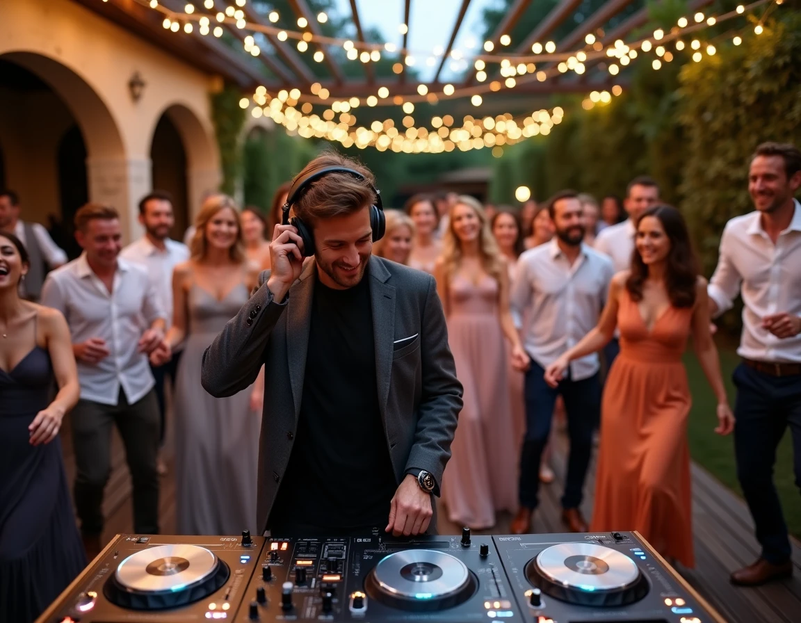 DJ de mariage devant une piste de danse animée en terrasse extérieure au coucher du soleil