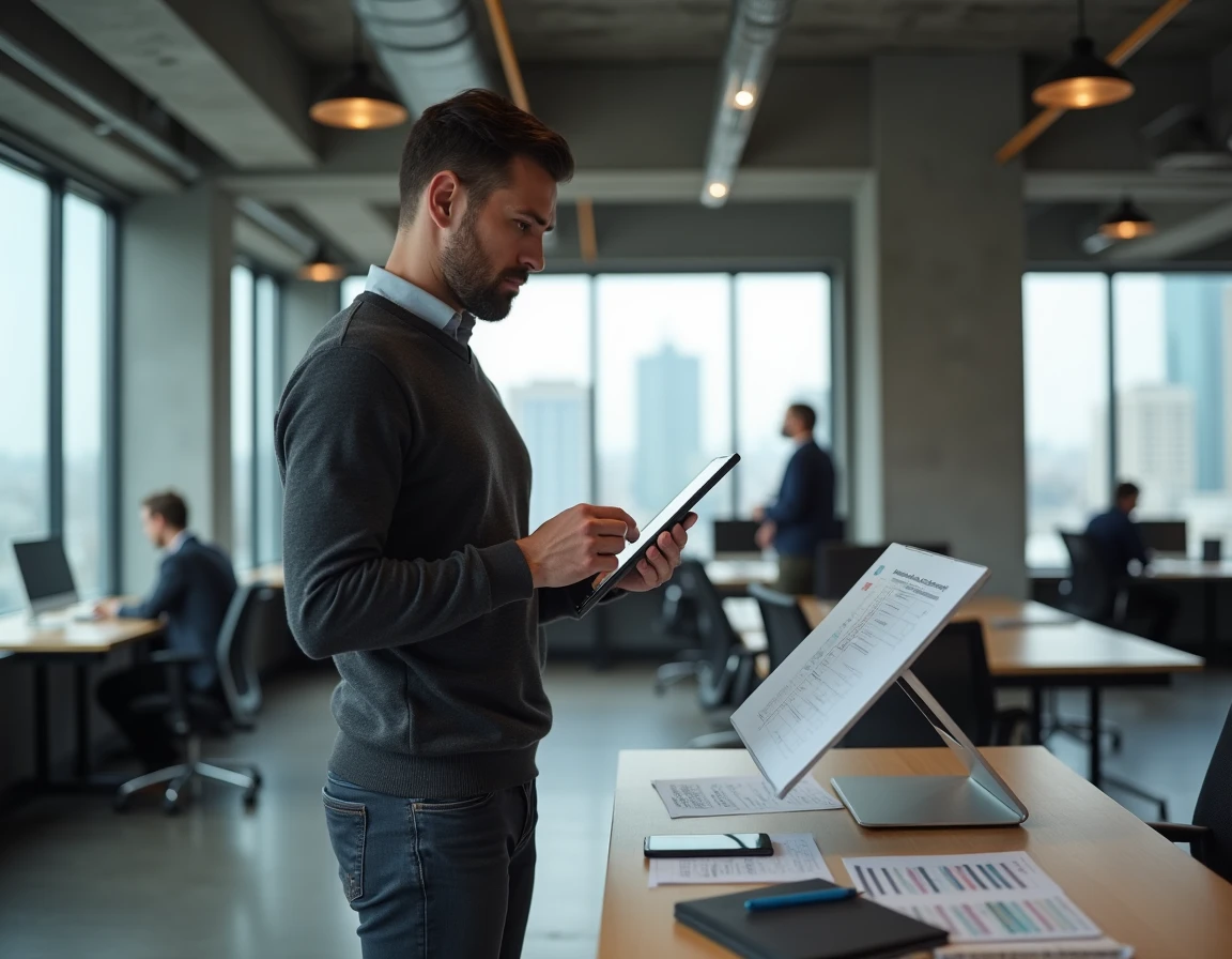 Entrepreneur masculin dans un espace de coworking analysant une stratégie pour développer son business en ligne