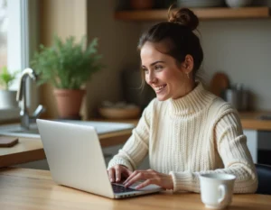 Femme parcourant des offres en ligne sur un ordinateur portable dans une cuisine moderne et cosy