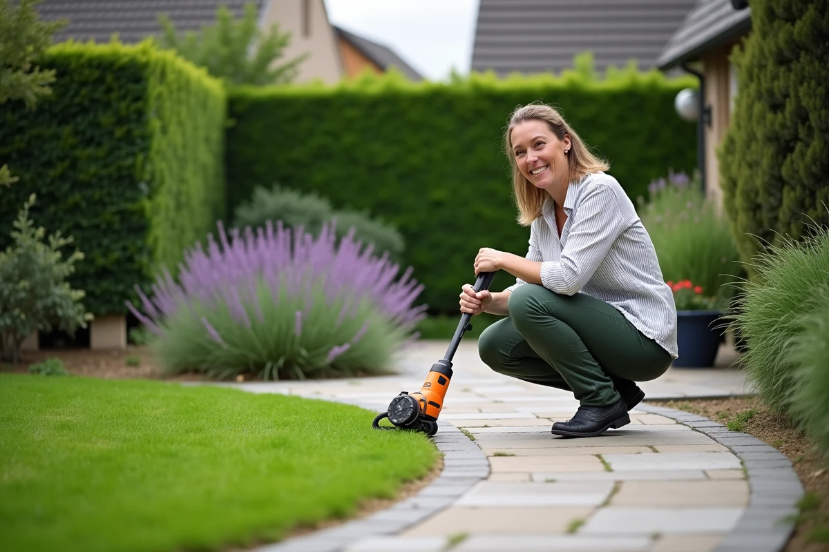 Femme inspectant les bordures de pelouse parfaitement taillées avec un coupe-bordure sans fil dans un jardin résidentiel soigné