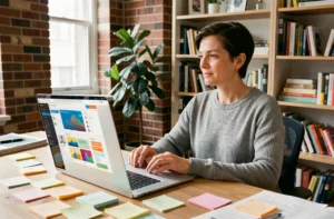 Femme développeuse web concentrée devant son ordinateur portable dans un bureau créatif moderne avec tableau de bord numérique