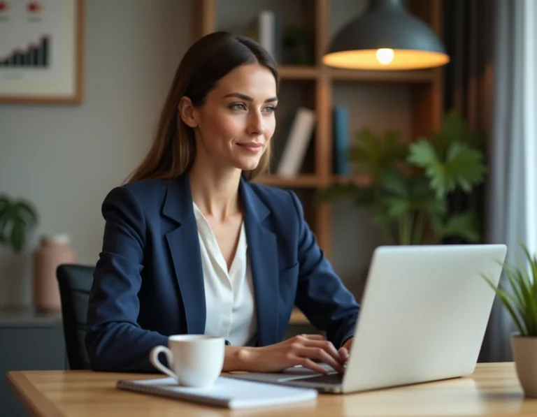 Femme entrepreneur travaillant sur son business en ligne depuis un bureau à domicile moderne et épuré