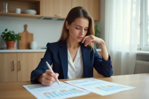 Femme en blazer bleu marine révisant ses relevés bancaires et son budget personnel à une table en bois dans une cuisine moderne