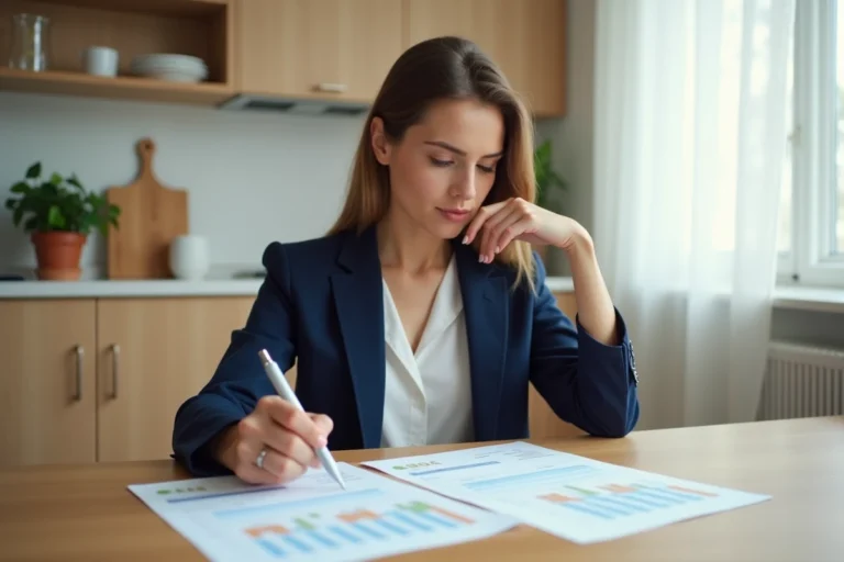Femme en blazer bleu marine révisant ses relevés bancaires et son budget personnel à une table en bois dans une cuisine moderne