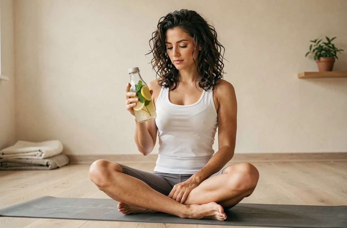 Femme en tenue de sport avec une infusion sans calories pendant le jeûne intermittent