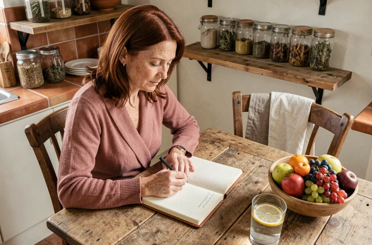 Femme mature écrivant dans un journal de bien-être dans une cuisine chaleureuse et naturelle
