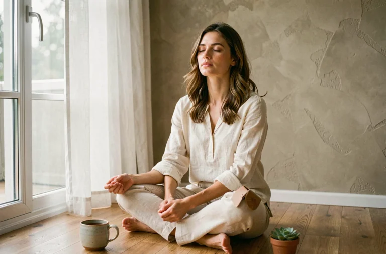 Femme épanouie pratiquant la méditation chez elle dans un intérieur minimaliste cosy