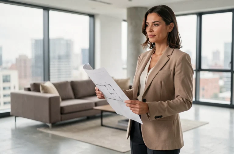 Femme tenant des plans architecturaux dans un salon moderne et minimaliste, illustrant les opportunités immobilières pour embellir son intérieur