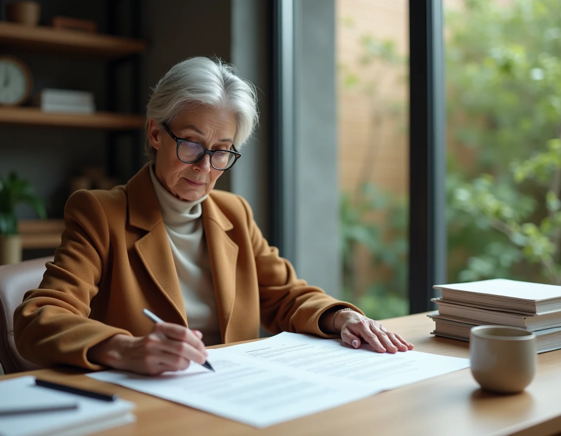 Femme concentrée relisant un contrat immobilier dans un bureau à domicile avec accompagnement expert en investissement