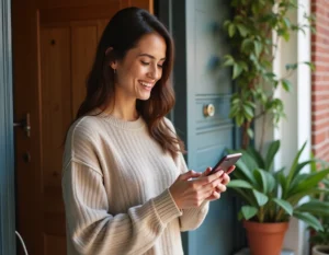 Femme à la porte d'entrée consultant le suivi de son colis GLS sur son smartphone avec une expression perplexe