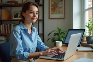 Jeune femme française travaillant à distance sur son ordinateur