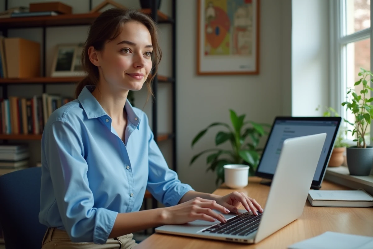 Jeune femme française travaillant à distance sur son ordinateur
