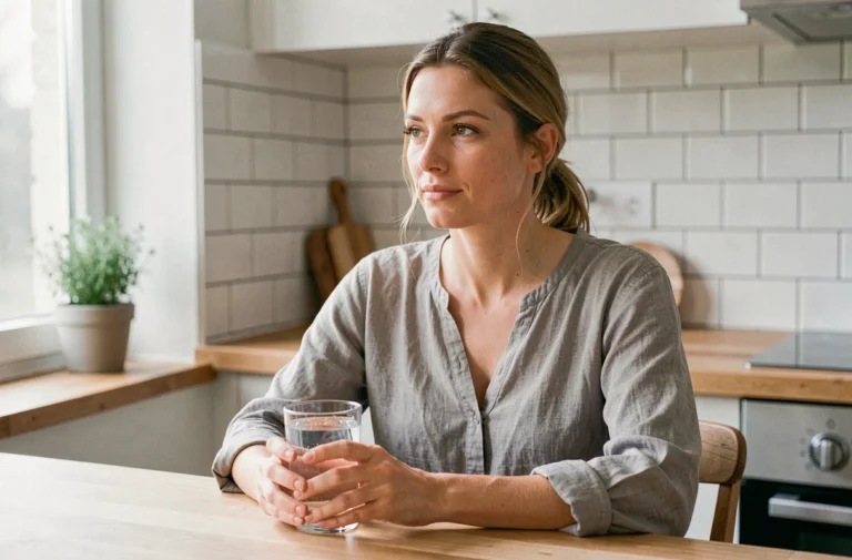 Femme buvant un verre d'eau pendant le jeûne intermittent dans une cuisine minimaliste
