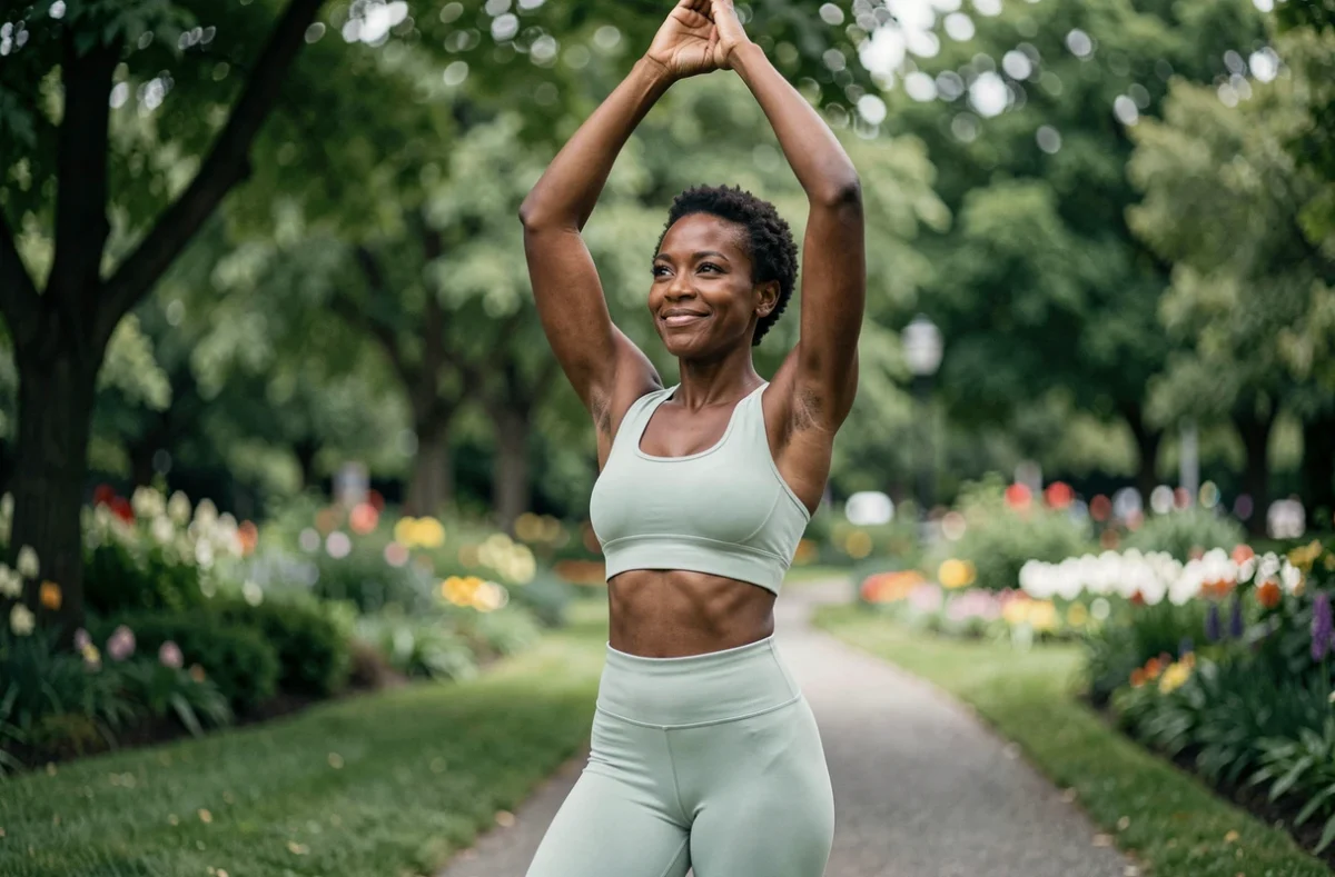 Femme sportive épanouie faisant du yoga en plein air dans un parc verdoyant