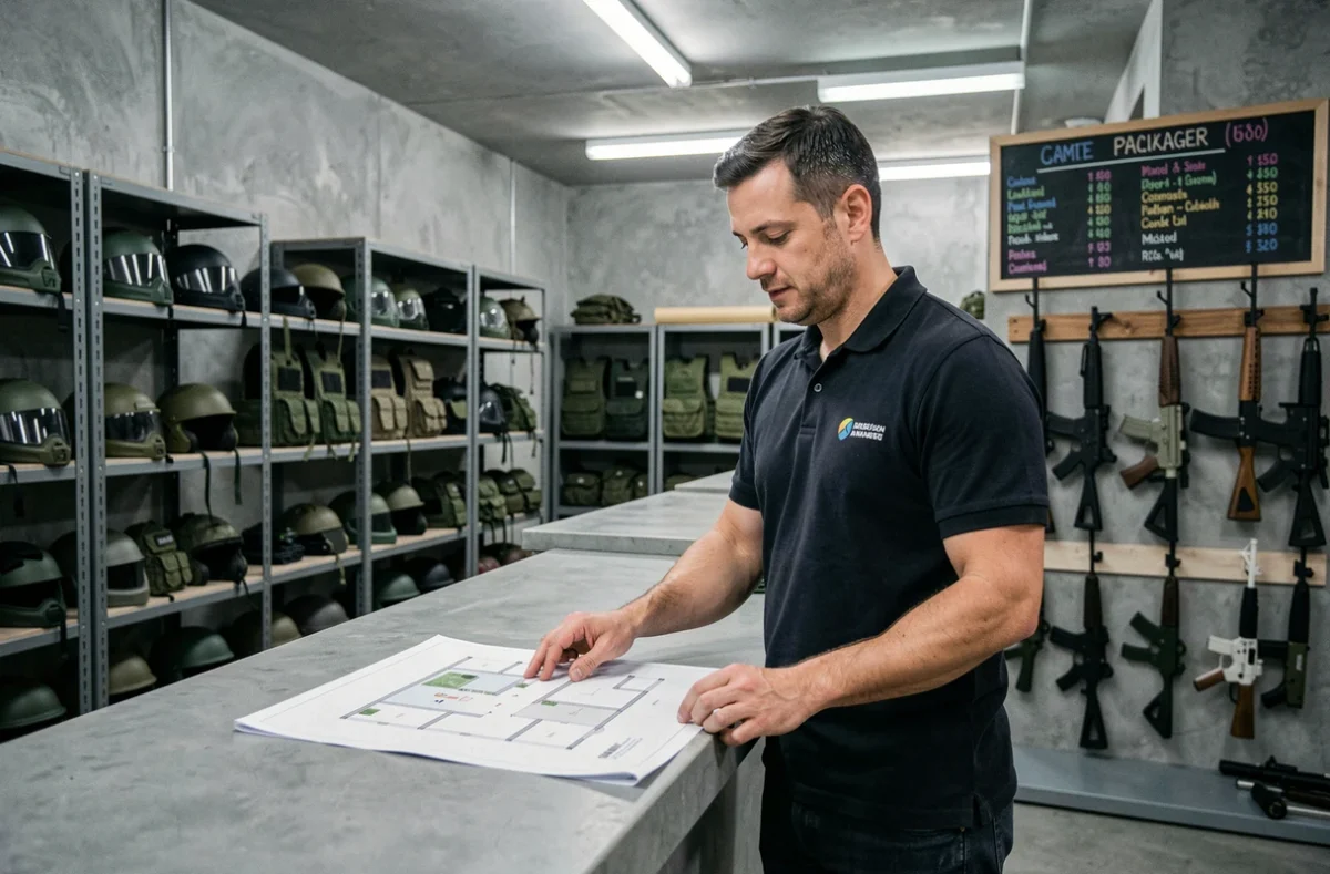 Gérant d'un terrain d'airsoft consultant un plan d'aménagement à l'accueil d'une structure avec équipements de location
