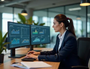 Professionnelle analysant le poste client sur des tableaux de bord numériques avec la solution Ellipro dans un bureau moderne
