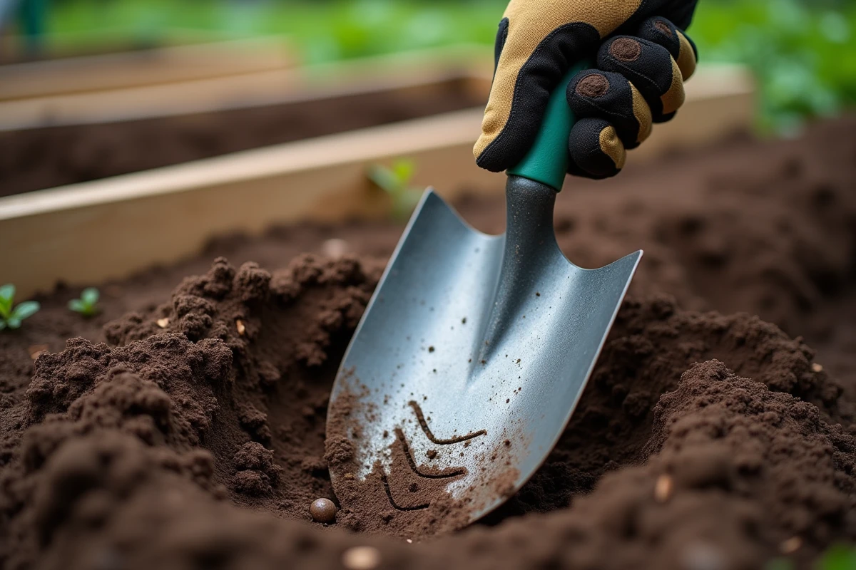 Gros plan sur une lame de pelle qui creuse la terre humide du jardin, technique de bêchage efficace