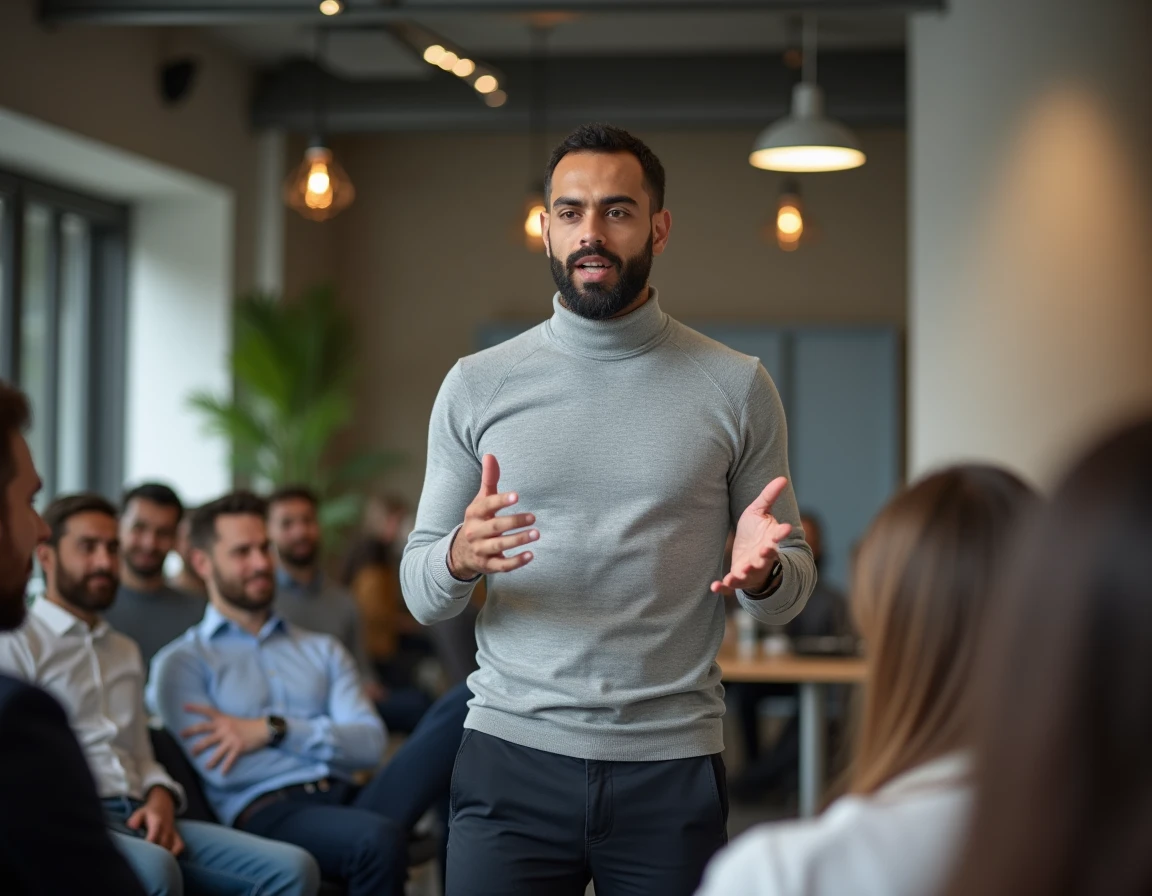 Conférencier d'origine maghrébine prenant la parole devant un public dans un espace de co-working, illustrant le parcours inspirant de Hicham Bendaoud