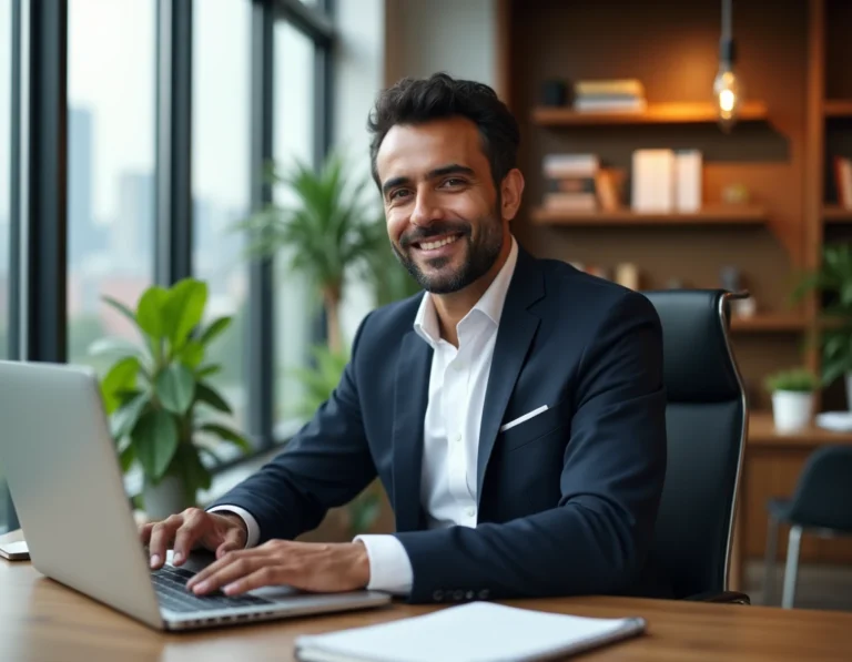 Entrepreneur d'origine maghrébine assis à son bureau moderne, incarnant le parcours inspirant de Hicham Bendaoud entre business et médias